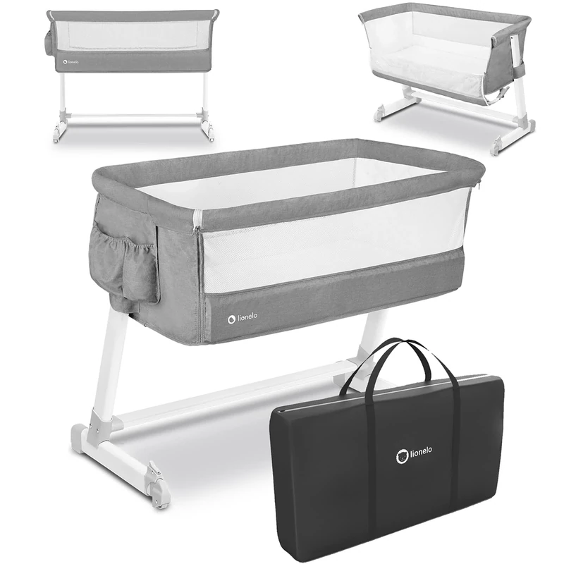 lionelo Aurora 3in1 Baby Bedside Cot Co-Sleeper for Babies From Birth to 9kg, Adjustable Height & Incline, Mattress, 4 Lockable Wheels, Breathable, Portable, Washable, Bag, Straps