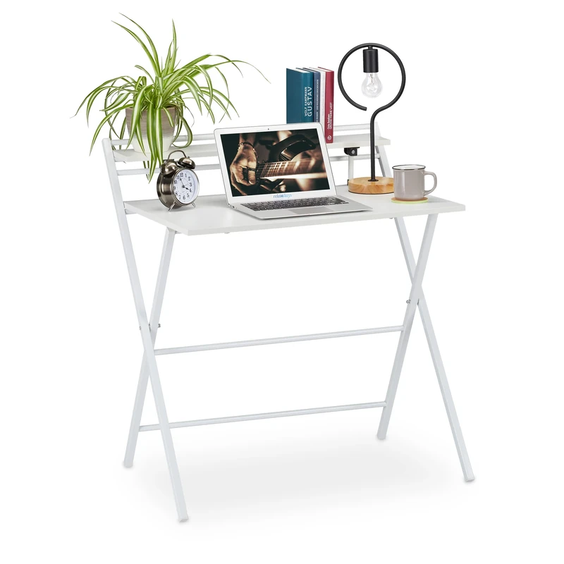 Relaxdays Folding Desk, PC-Table To Fold, Space-saving, Shelf, Home Office, Teens, 92x84x60cm, White