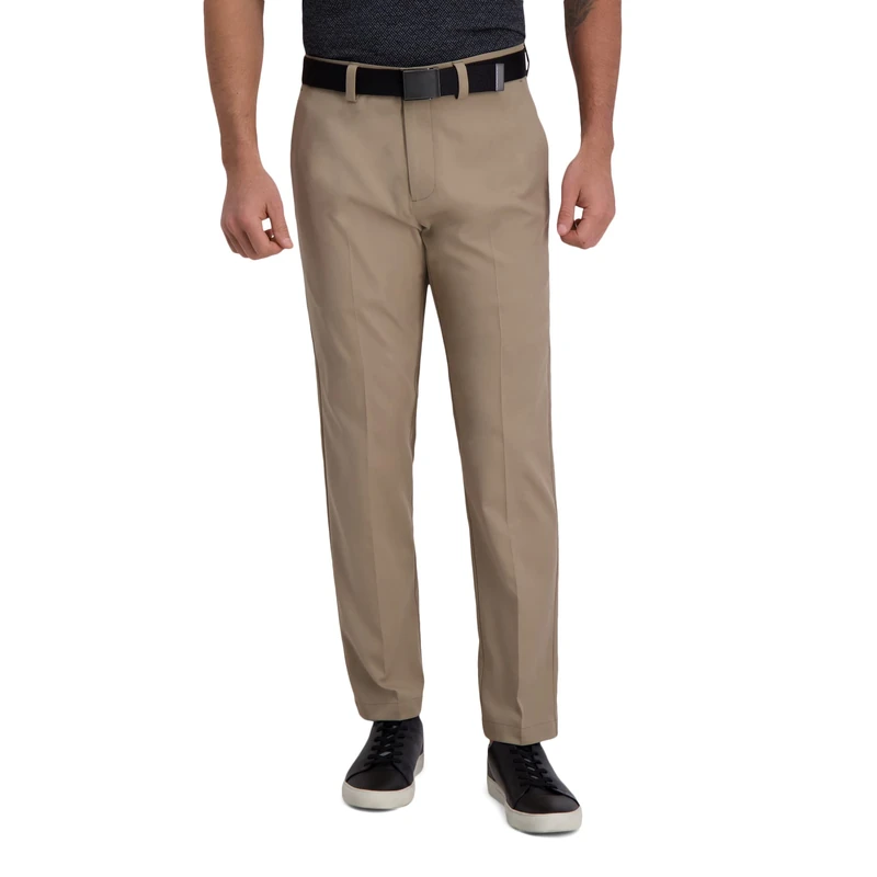 Haggar Men's Cool Right Performance Flex Solid Straight Fit Flat Front Pant Casual, Khaki Heather, 38W x 30L