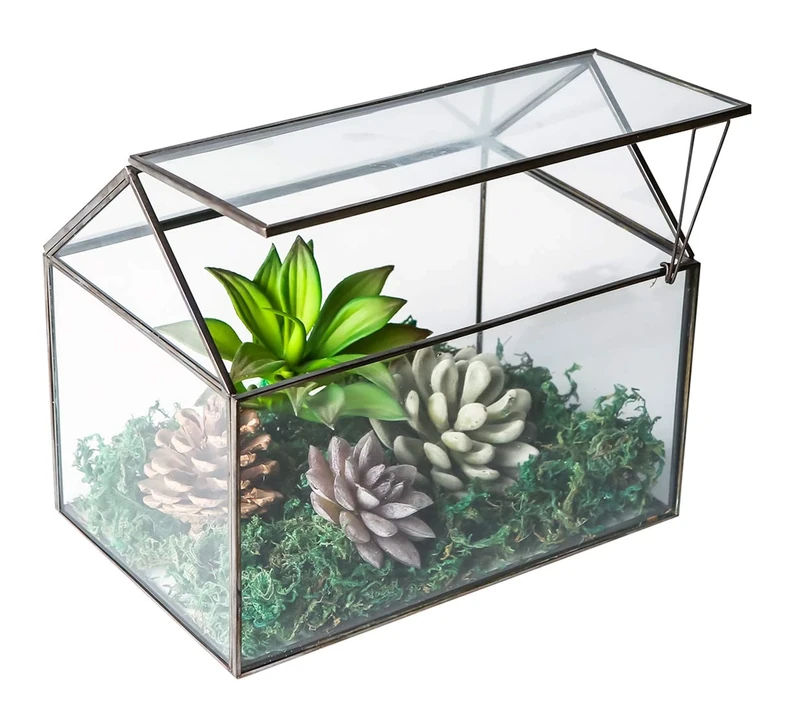 WONSUN House Shape Close Glass Geometric Terrarium - Tabletop Succulent & Air Plant, Flower Pot - Moss Fern Reptile Terrarium (Black)