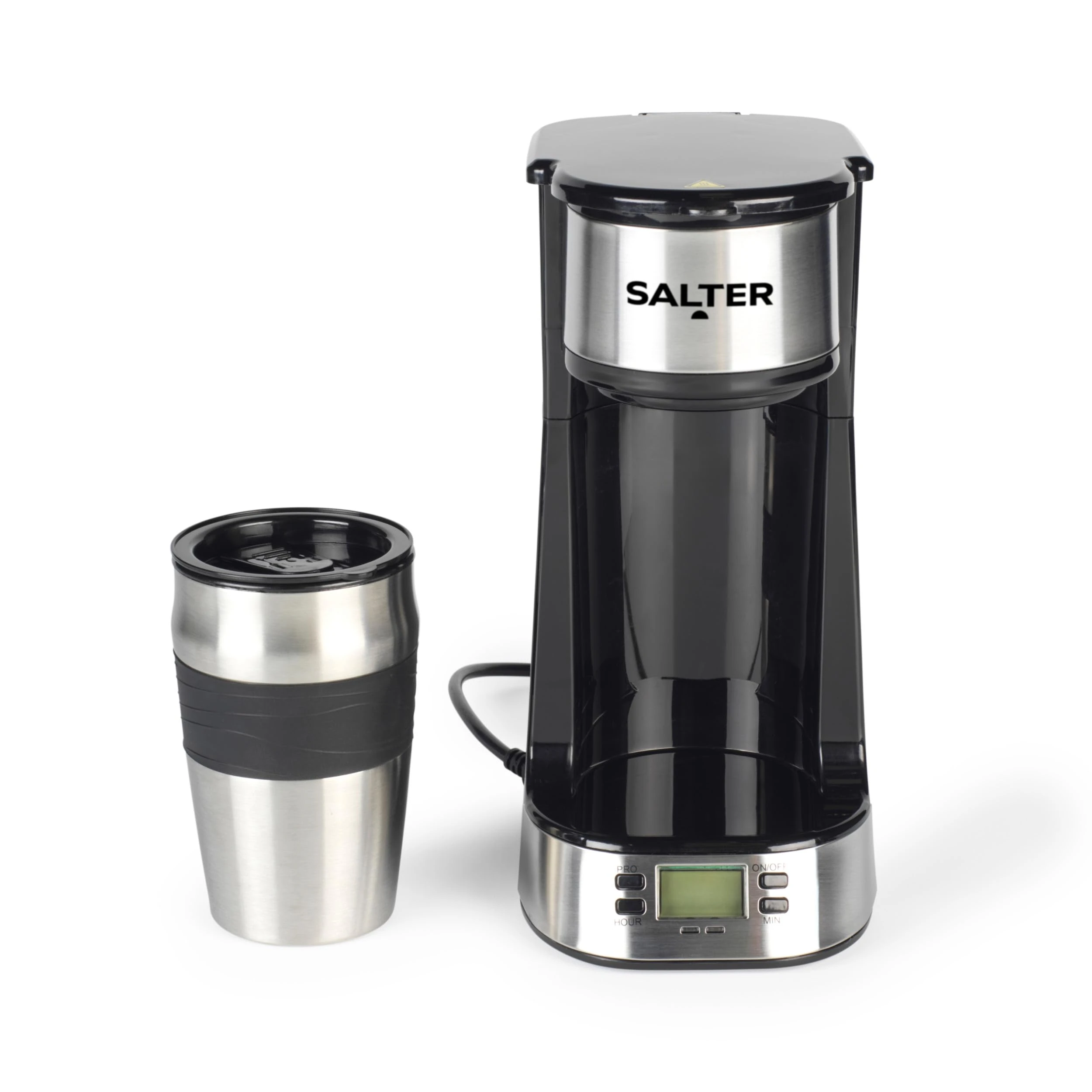 Salter EK2732 Personal Coffee Machine - One Cup Filter Coffee Maker, Includes 420ml Stainless Steel Travel Mug, Removable & Washable Filter, Quick Brew In 3-4 Mins, Compatible With Ground Coffee, 750W