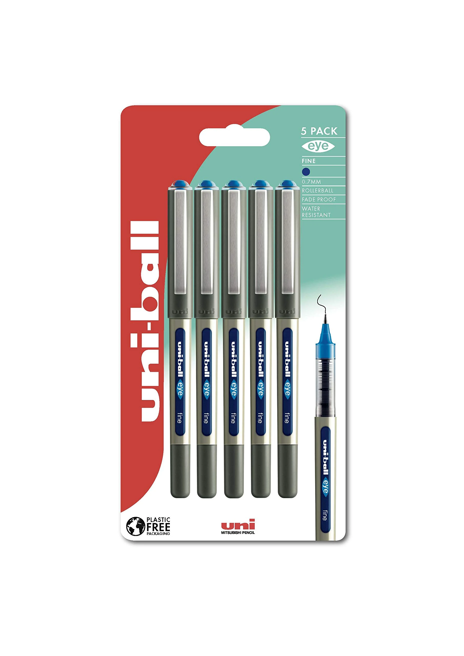 uni-ball UB-157 Eye Rollerball Pens. Premium Fine 0.7mm Ballpoint Tip for Super Smooth Handwriting, Drawing, Art, Crafts and Colouring. Fade and Water Resistant Liquid Uni Super Ink. Pack of 5 Blue