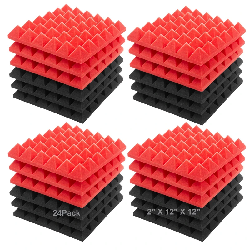 JBER Acoustic Sound Foam Panels, 24 Pack 5 X 30 X 30cm/2" X 12" X 12" Red and Black Soundproofing Treatment Studio Wall Padding Sound Absorbing Fireproof Pyramid Acoustic Treatment - Image 1