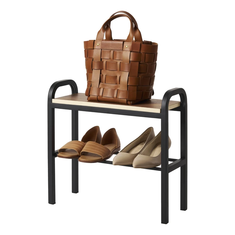 YAMAZAKI 4788 TOWER Shoe Rack With Wooden Board, black, Steel/Plywood, Minimalist, 48 x 19 x 46 cm