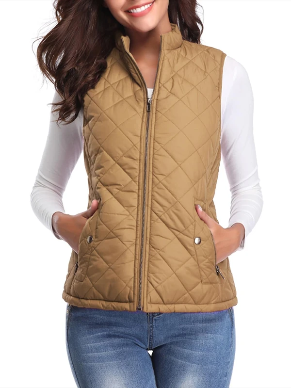 fuinloth Women's Quilted Gilet, Lightweight Body Warmer Padded Outdoor Vest Sleeveless Jacket Camel Large