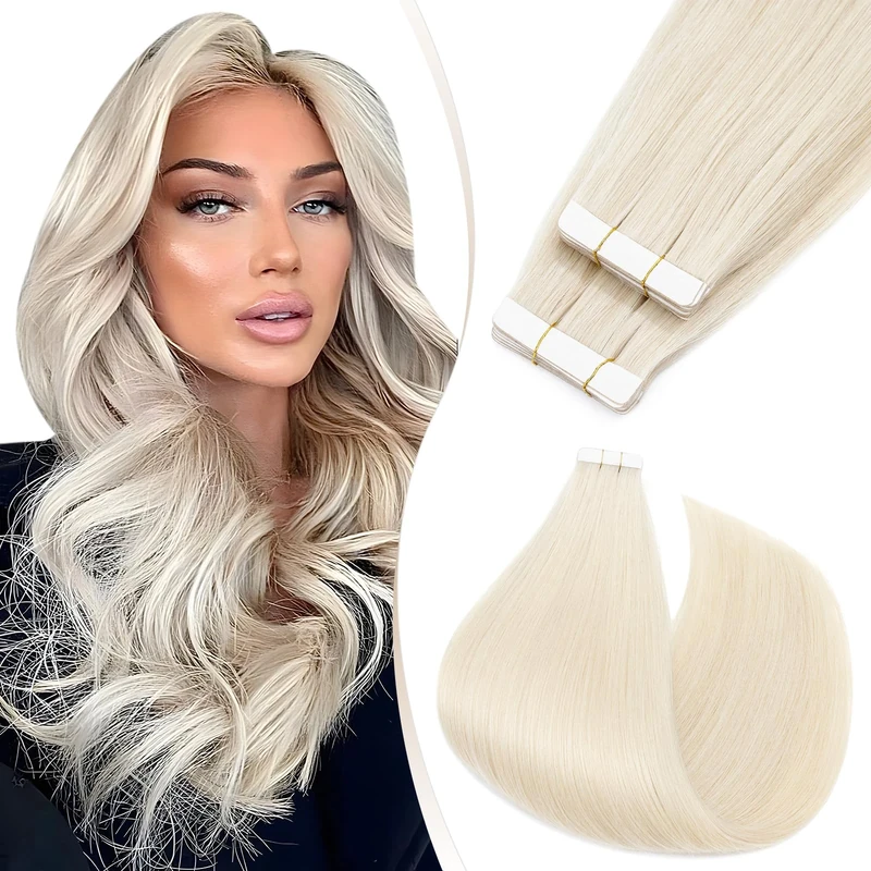 Elailite Tape in Hair Extensions Human Hair 40 PCS Thin Type 1.5g/pcs - 100% Real Natural Remy Hair Skin Weft Extension (#70 Bleach White, 16 inches)