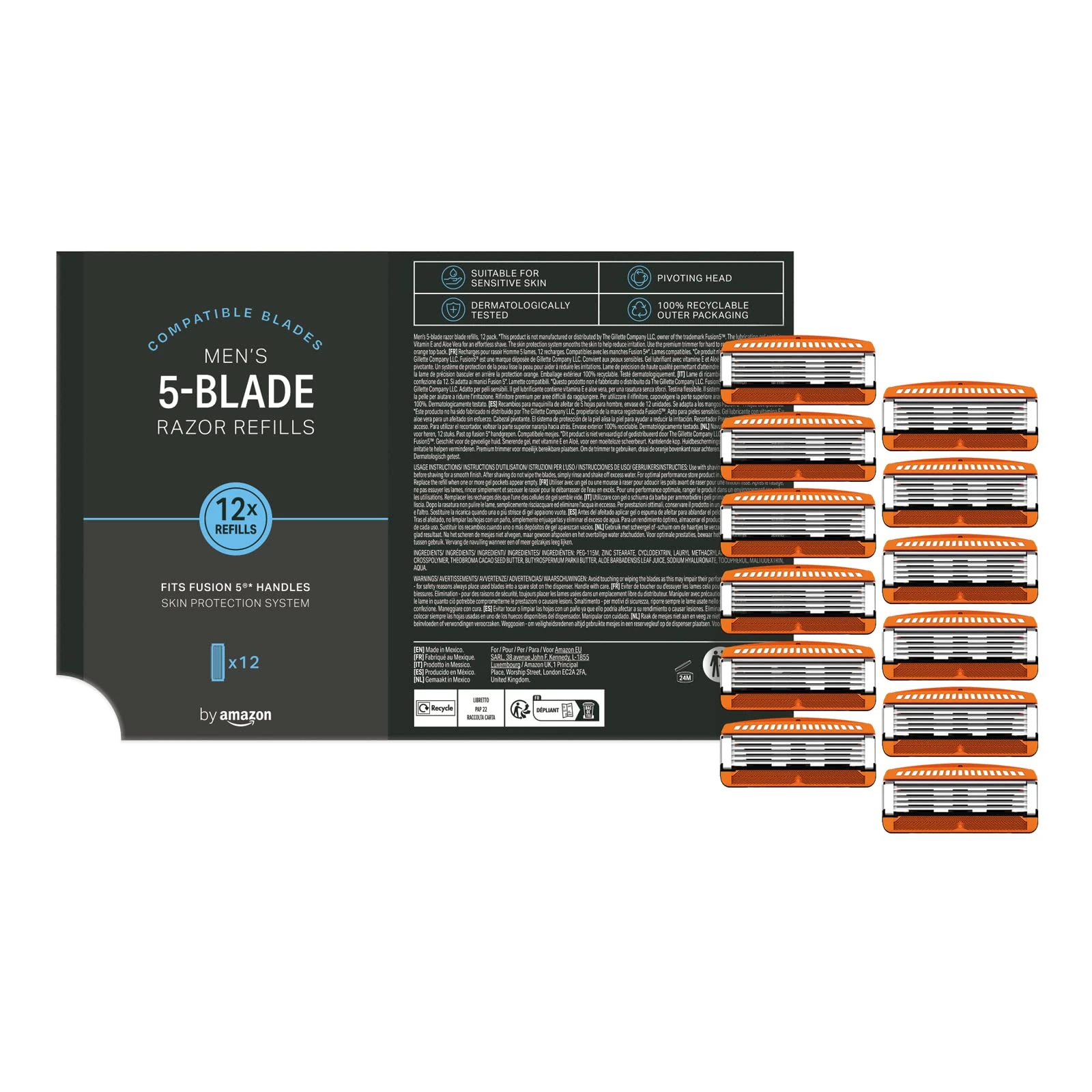 by Amazon Men's (5-Blade) Refill cartridges, fit all Gillette Fusion5 razors, Pack of 12