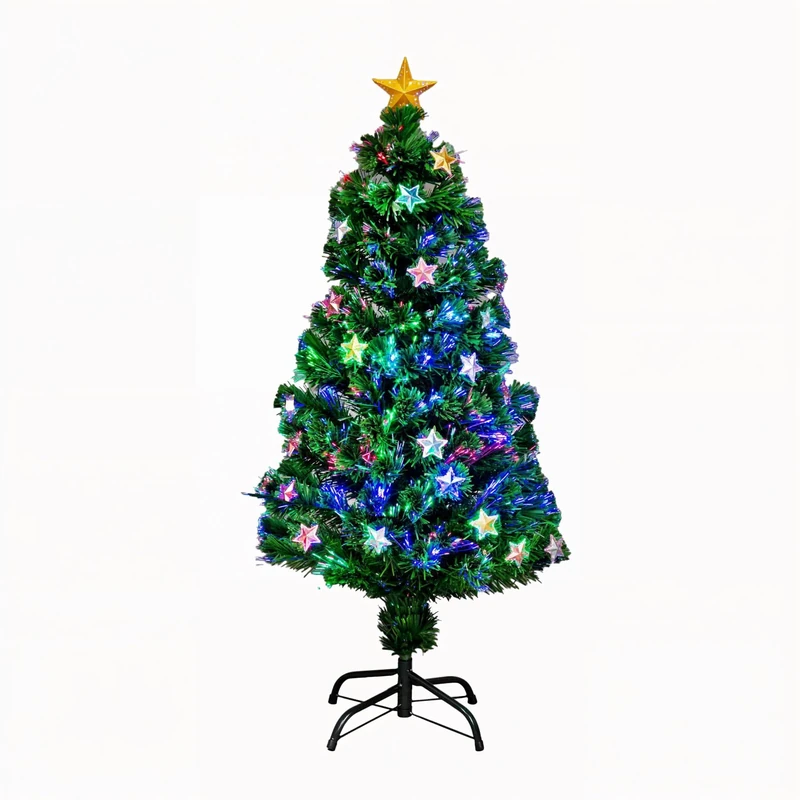 5Ft/150cm Fibre Optic Christmas Tree with Star Topper - Stars Decorations - Pre-Lit Green Artificial Xmas Tree - Multicolor Changing Lights
