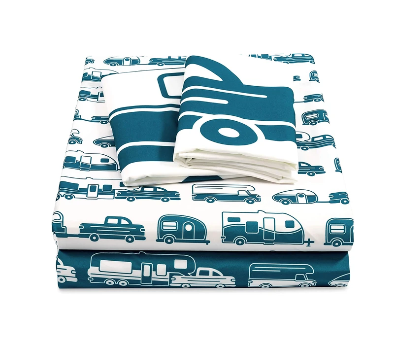 Camco Life is Better at The Campsite Queen-Size Beds | Set Includes (1) Fitted, (1) Flat Sheet and (2) Pillow Cases | Blue RV Print (53298)