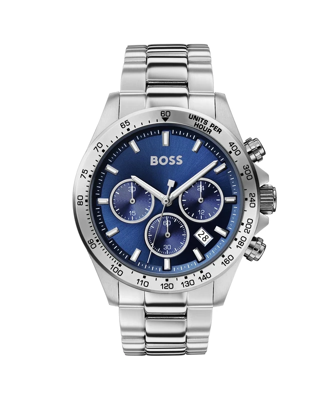 BOSS Men's 43mm Chronograph Quartz Watch HERO Collection with Silver Stainless Steel Bracelet, Blue Dial, Date Function, 3 Sub-Dials, 5ATM Water Resistant - 1513755