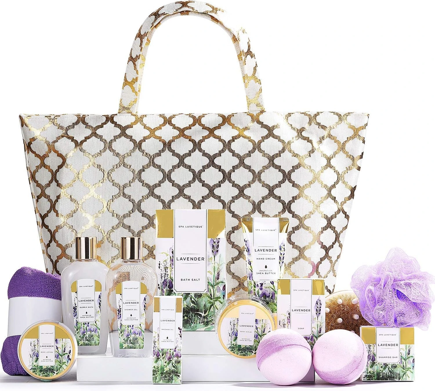 Spa Luxetique Lavender Bath Sets, 15pcs Spa Gift Sets, Pamper Gifts for Women, Bath Gift Sets in Golden Bag with Body Scrub, Body Butter, Hand Cream, Gifts for Mum Her, Mothers Day Christmas Gifts