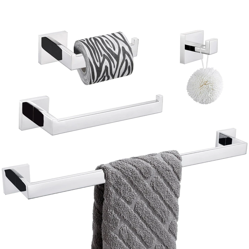 Bathroom Hardware Set 4 Pieces, Suyar SUS304 Stainless Steel Remodeled Bathroom Accessories, Include Robe Hook, Toilet Paper Holder, Towel Holder, Towel Bar, Polished Chrome