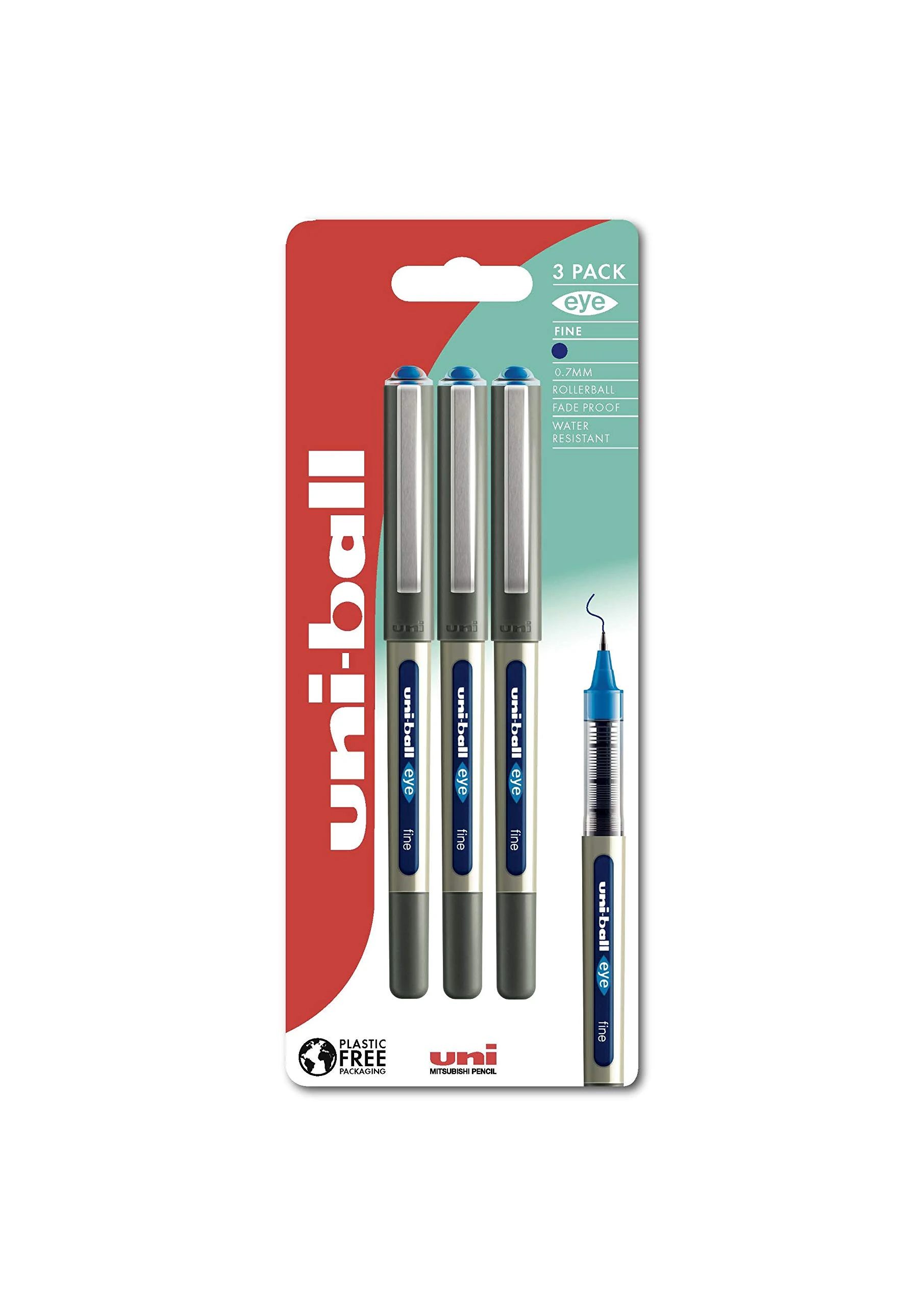 uni-ball UB-157 Eye Rollerball Pens. Premium Fine 0.7mm Ballpoint Tip for Super Smooth Handwriting, Drawing, Art, Crafts and Colouring. Fade and Water Resistant Liquid Uni Super Ink. Pack of 3 Blue