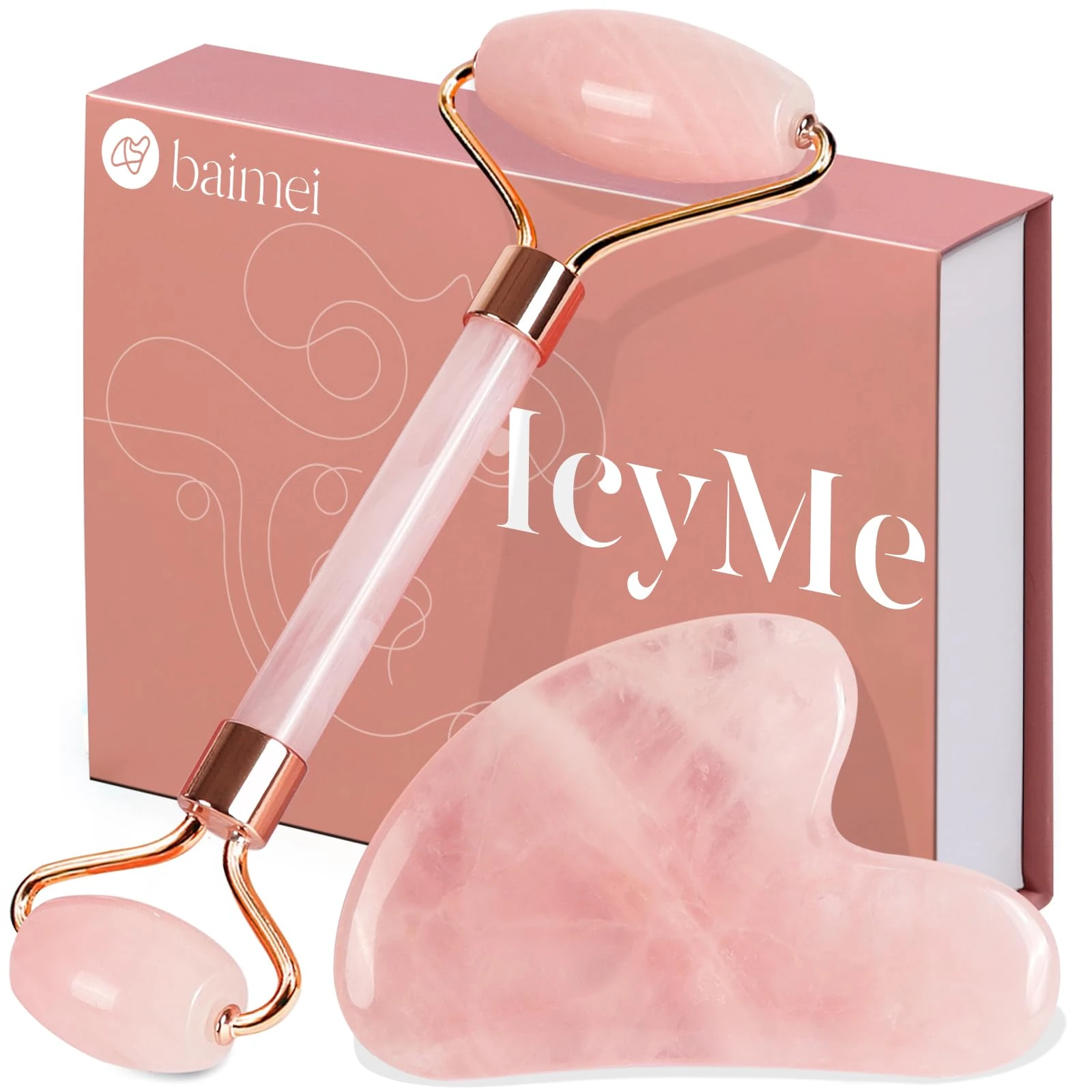 BAIMEI Gua Sha & Jade Roller,Guasha Tool face, Self Care Gift for Women and Men, Massager for Face, Eyes, Neck Care, Skin Care Gifts - Rose Quartz
