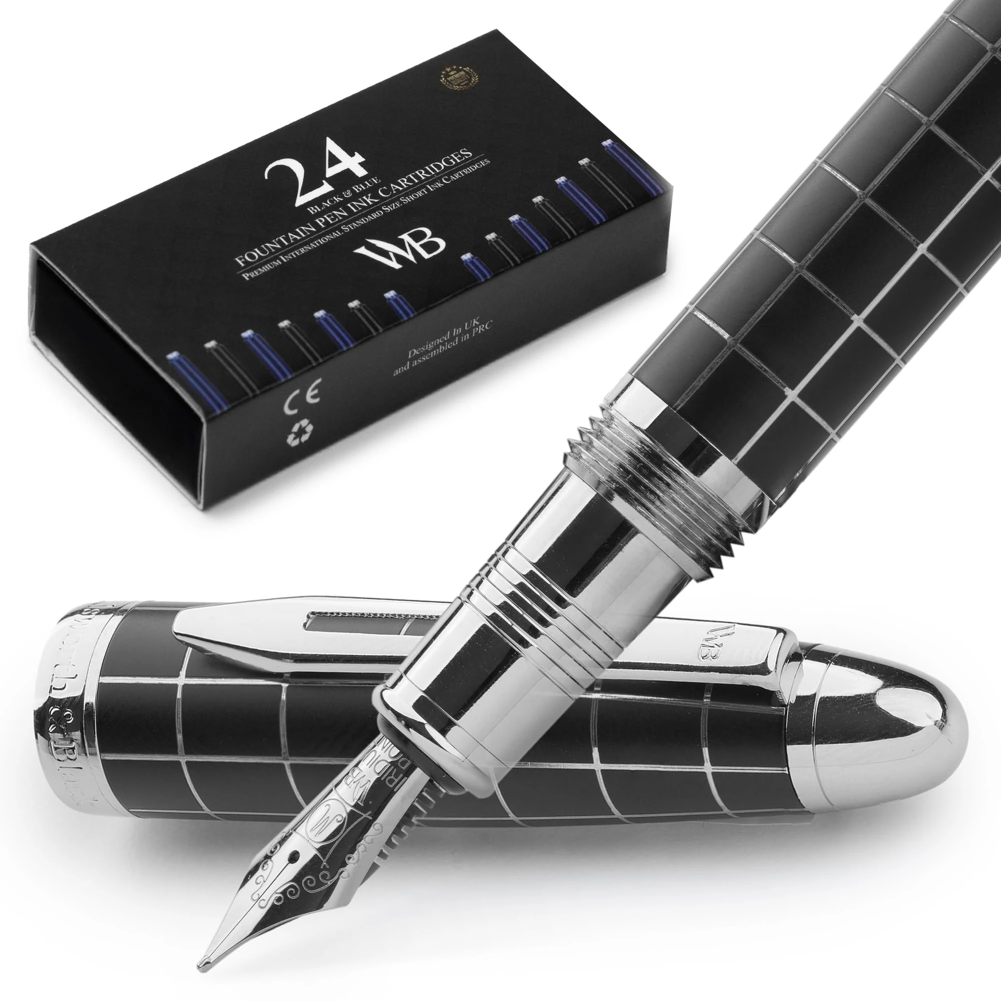 Wordsworth & Black Majesti Fountain Pen-(Checked), Luxury Case, Chrome Finish, Iridium Medium Nib- Ink Cartridges, Refillable Ink Converter-Calligraphy Pen-Best Business Gift Set for Men & Women