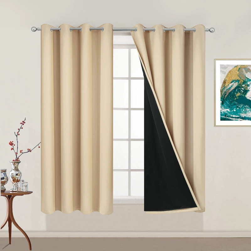 Yakamok Beige 100% Blackout Curtains for Bedroom with Black Liner, 2 Thick Layers Full Room Darkening Thermal Insulated Noise Reducing Grommet Blackout Curtains (52Wx54L, 2 Panels)