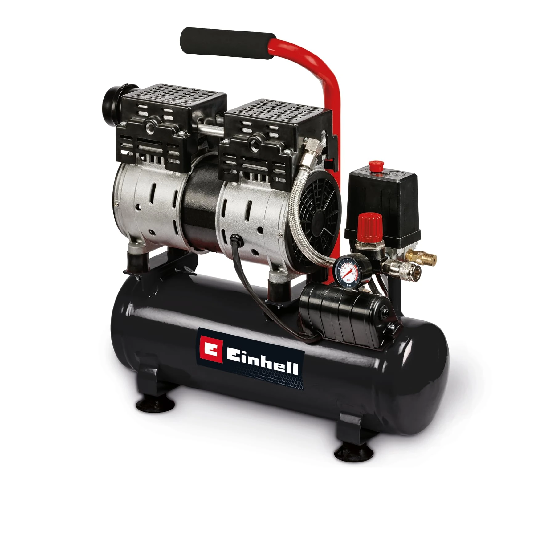 Einhell compressor TE-AC 110/6 Silent Plus (quiet compressor with 550 W, max. 8 bar, oil-/service-free motor, 6 l tank, pressure gauge and quick-release coupling, safety valve)