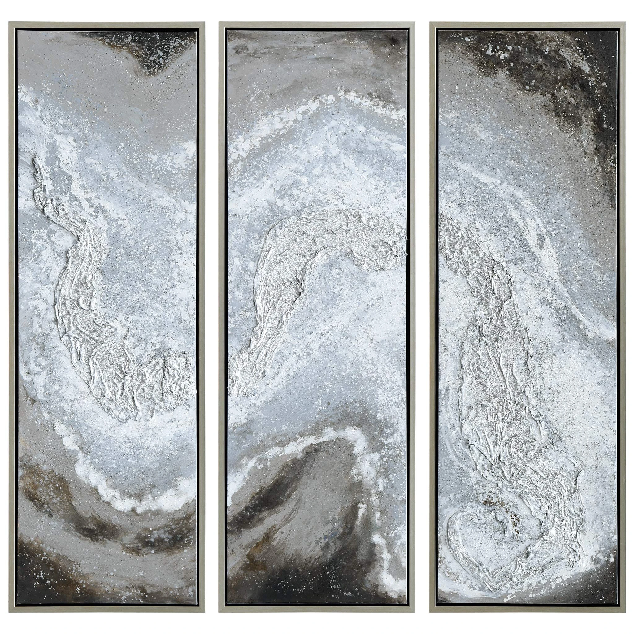 Empire Art Direct Iced River Abstract Wall Art Textured Metallic Hand Painted Canvas by Martin Edwards Champagne Frame, Ready to Hang,Living Room, Bedroom ＆ Office, 20" x 60" x 1.5" Each, Grey