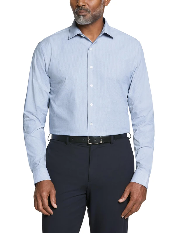 Kenneth Cole Men's Dress Shirt Slim Fit Checks and Stripes (Patterned), Blue, 15"-15.5" Neck 34"-35" Sleeve