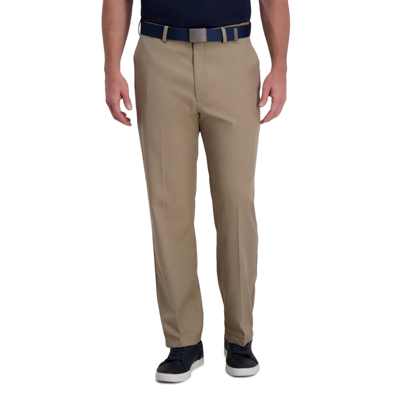 Haggar Men's Cool Right Performance Flex Solid Classic Fit Flat Front Pant-reg. and Big & Tall Casual, Khaki Heather, 36W x 30L