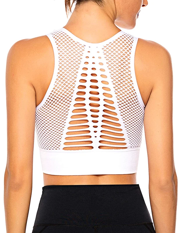 RIOJOY Sports Bra High Impact Support for Women Seamless Hollow Out Padded Yoga Crop Top, 10P-12P(L), White