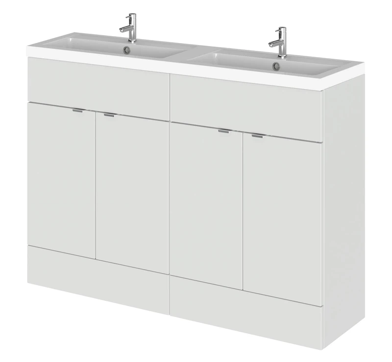 Hudson Reed CBI434 Fusion Floor Standing Bathroom Vanity Twin Basin Sink Unit with Storage, 1200mm, Gloss Grey