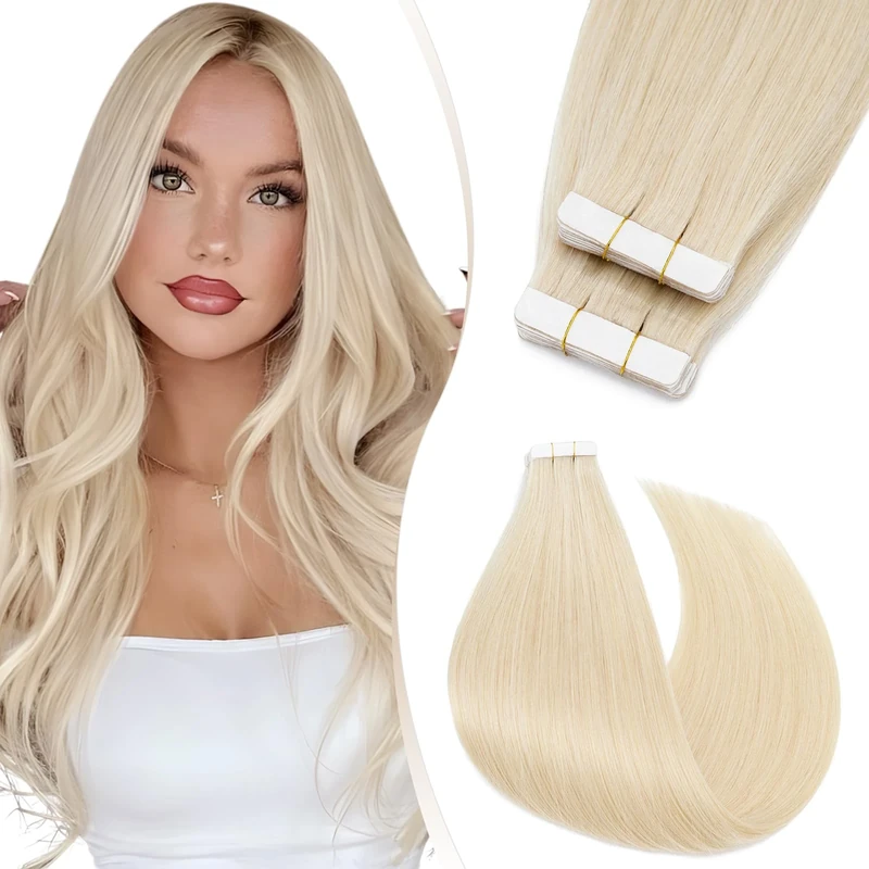 Elailite Tape in Hair Extensions Human Hair 40 PCS Thin Type 1.5g/pcs - 100% Real Natural Remy Hair Skin Weft Extension (#60 Platinum Blonde, 16 inches)