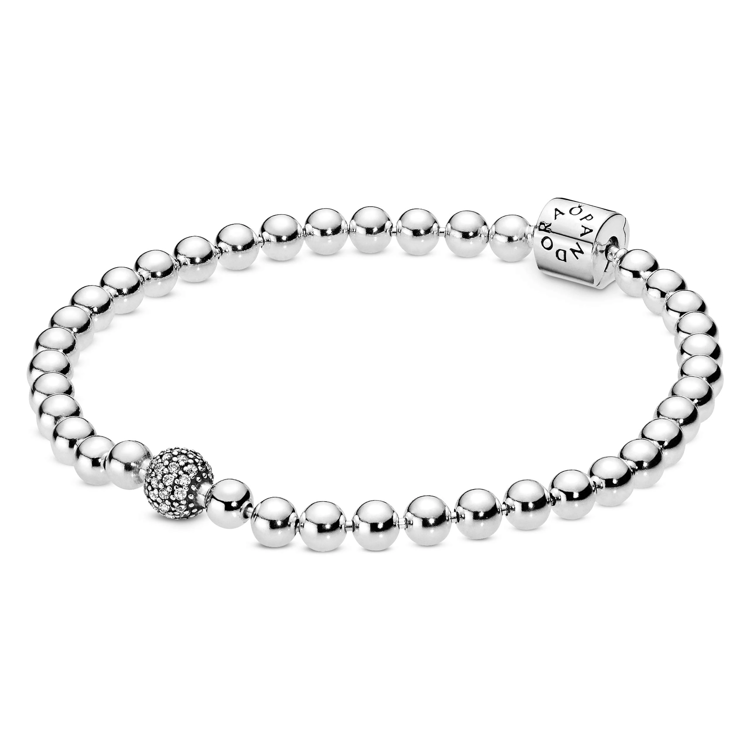PANDORA Signature Women's Sterling Silver Beads and Pavé Cubic Zirconia Bracelet, Size 19, No Box