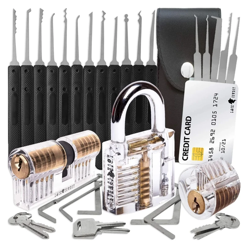 LockCowboy 30-Piece Lockpick Set - 3 Transparent Practice Locks and Credit Card Lock Picking Kit - Premium Locksmith Tools, 2 Training Guides Included - Unique Gifts and Spy Gadgets for Men