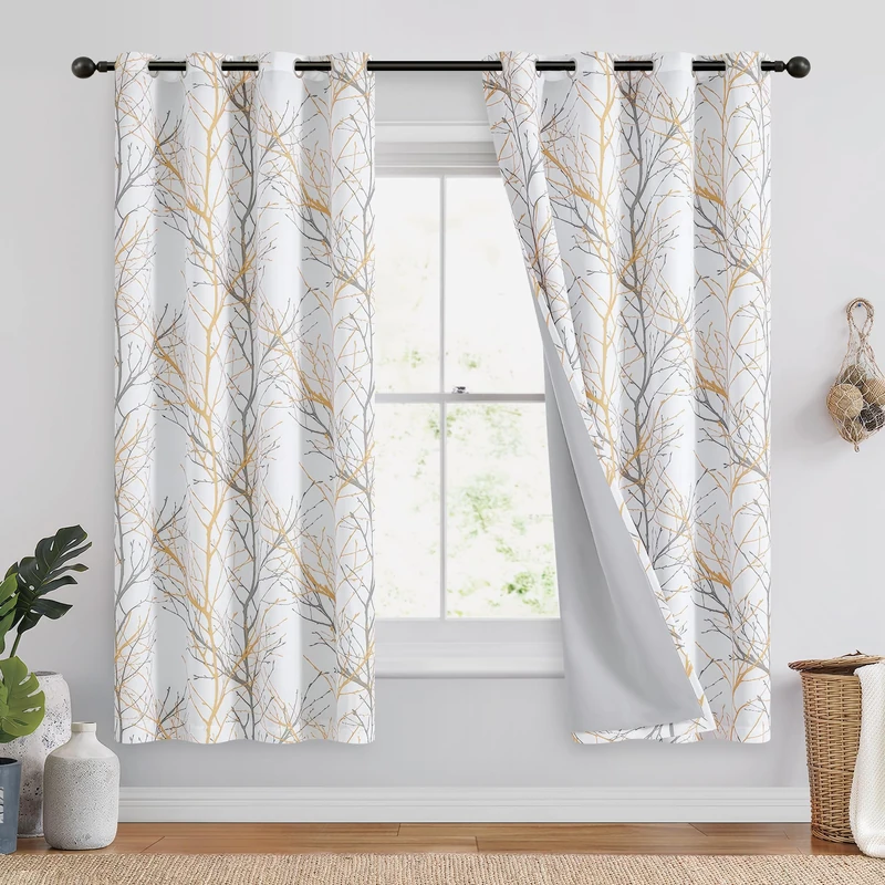 Fmfunctex Contemporary Branch Pattern Curtains 50" x 63" L Yellow