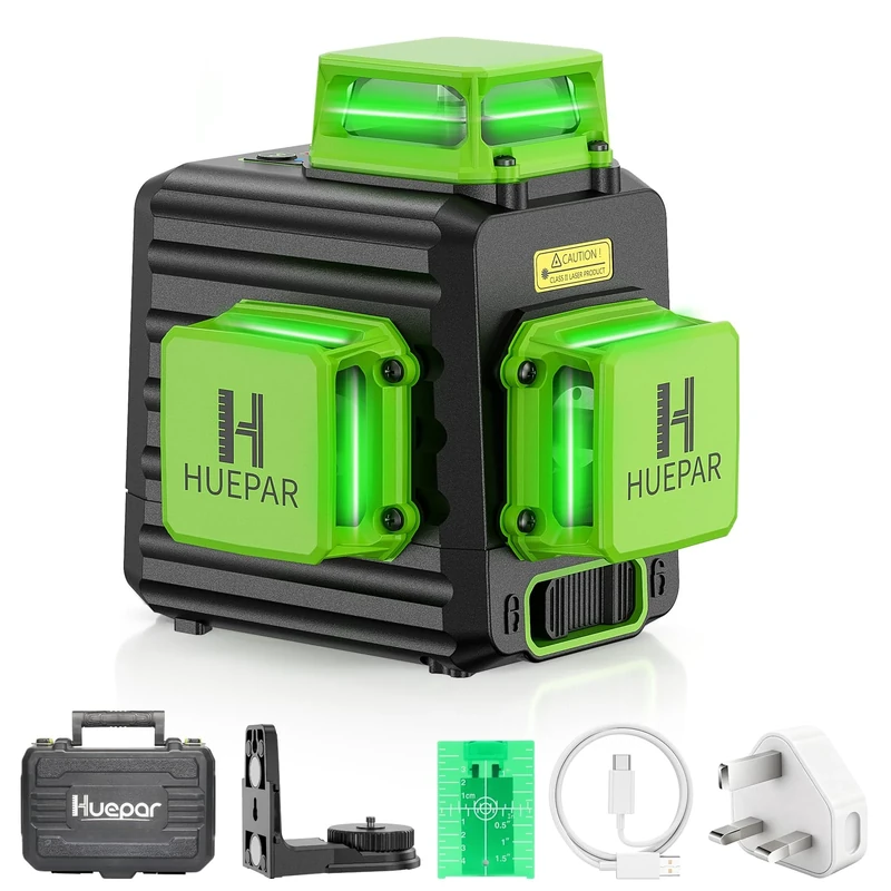 Huepar 3D Self Leveling Laser - 3x 360 Cross Line, IP54, Type-C Charge