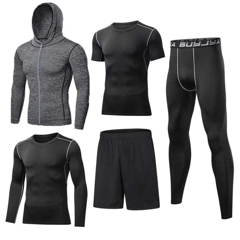 BUYJYA 5Pcs Men's Compression Pants Shirt Top Long Sleeve Jacket Athletic Sets Gym Clothing Mens Workout - Image 1
