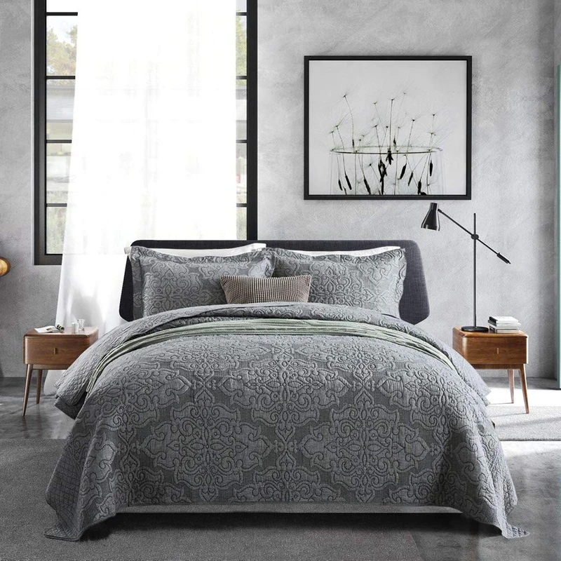 Travan King Quilt Set with Shams 3-Piece Oversized Bedspread All-Season Cotton Quilted Bedspread Coverlet Set, Grey Rose