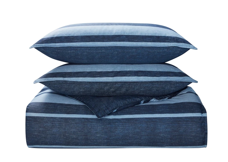 Nautica 100% Cotton Cozy & Soft, Durable & Breathable Striped Comforter Matching Shams, 3-Piece Bedding Set, Blue, Full/Queen
