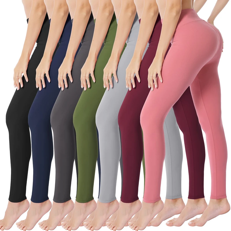 VALANDY High Waisted Leggings for Women Buttery Soft Stretchy Tummy Control Workout Yoga Running Pants One&Plus Size, 7 Packs-Black/Navy/Dark Gray/Light Gray/Olive/Pink/Burgundy, Large-X-Large