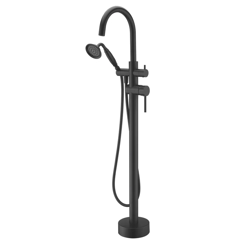 Wowkk Tub Filler Freestanding Bathtub Faucet Floor Mounted Brass Bathroom Tub Faucets with Hand Shower in (Black)