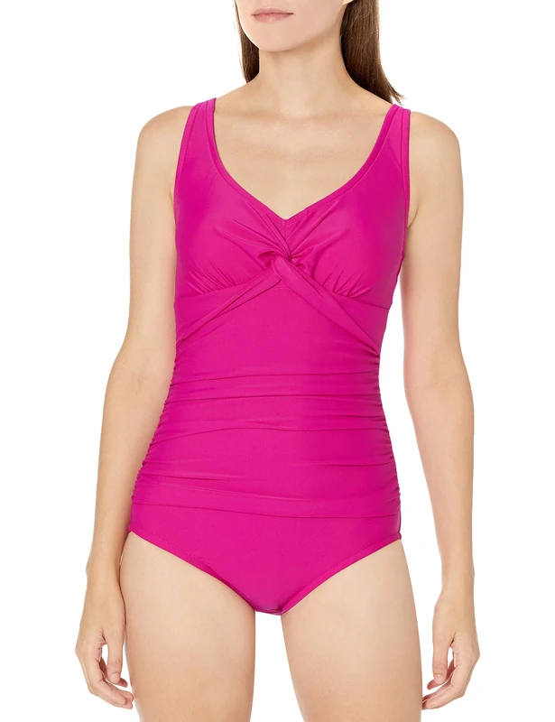 Maxine Of Hollywood Women's V-Neck Twist Front Shirred One Piece Swimsuit, Fuchsia//Solids, 22