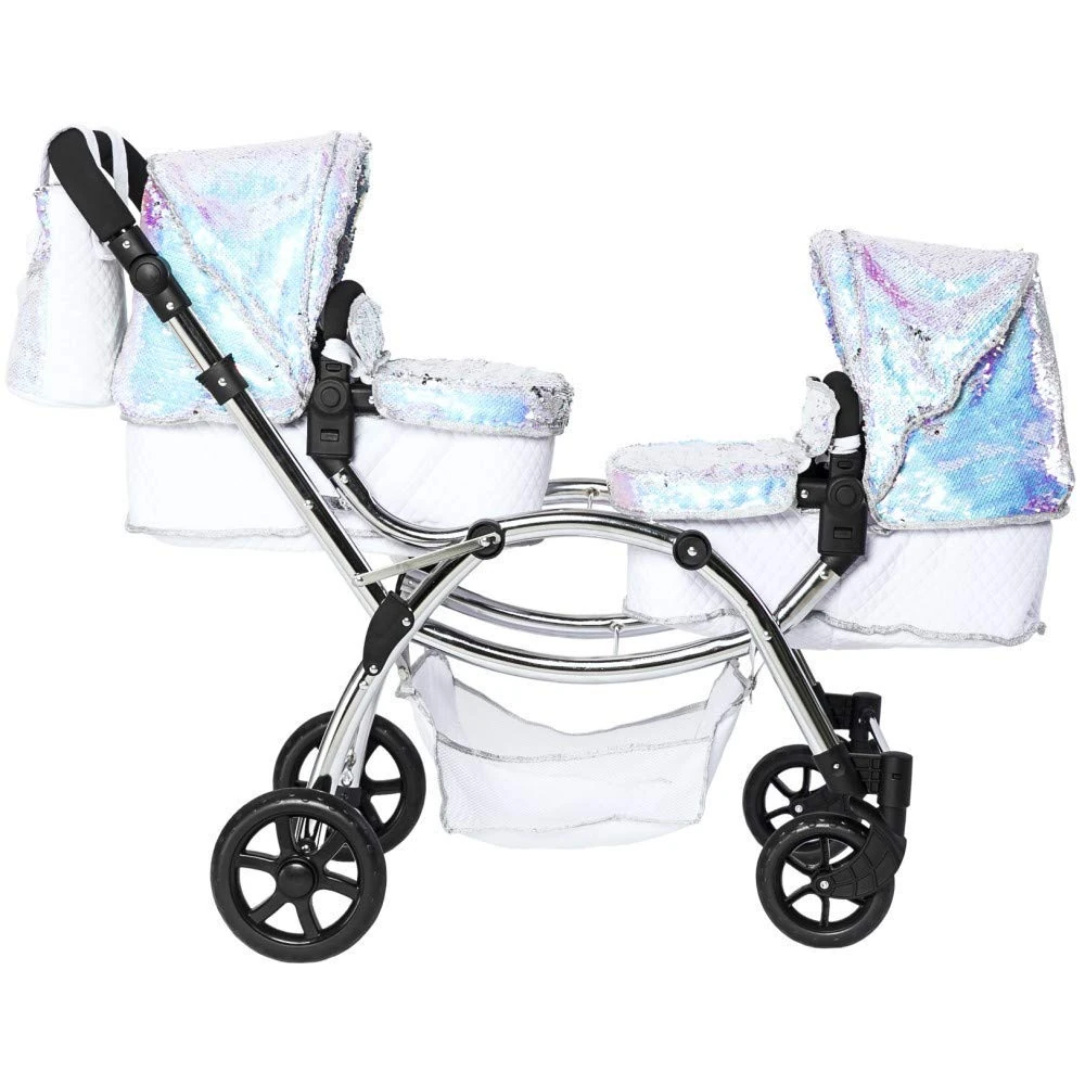 Roma Polly Dolls Pram 2-in-1 Dolls Pushchair, Double Buggy with Convertible Seat, Adjustable Handle, Foldable Canopy, Mermaid Print, Suitable for Ages 3-16, Perfect or Christmas