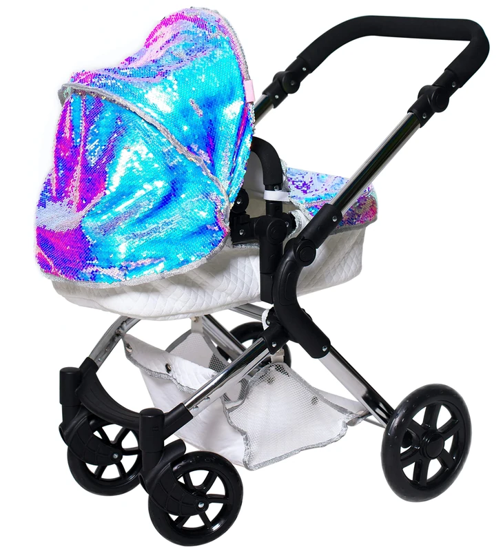 Roma Polly Single Dolls Pram - 2-in-1 Mermaid Dolls Pushchair for 3-9 Years, Lightweight Frame, Adjustable Handle, Carry Cot, Shopping Basket, Coordinating Bag, For Dollys or teddies up to 42cm