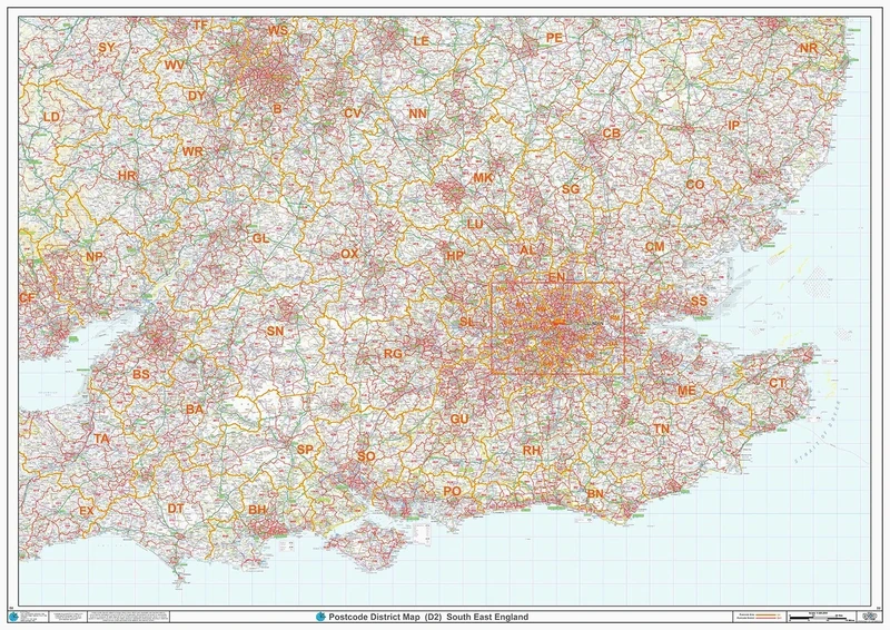 South East England - Postcode District Wall Map-Plastic Coated 2A (119cm x 168cm)