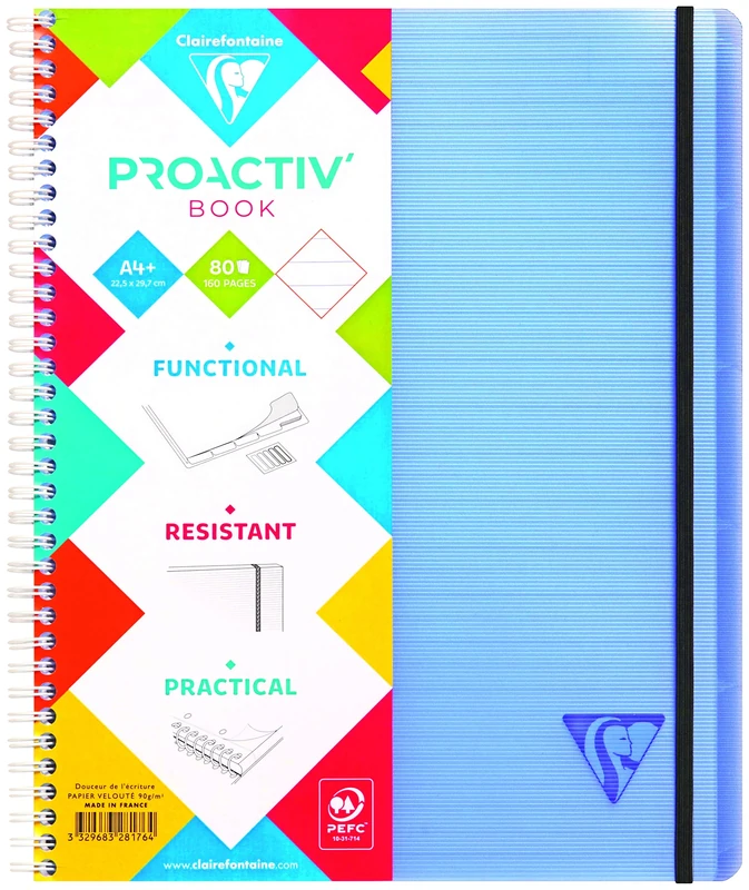 Clairefontaine 328176C LiniColour Set of 5 Proactiv'Book Notebooks - A4+ 22.5x29.7 - 160 Perforated Pages 4 Lined Holes with Margin - 90g White Paper - Polypro Transparent Cover Random Colours