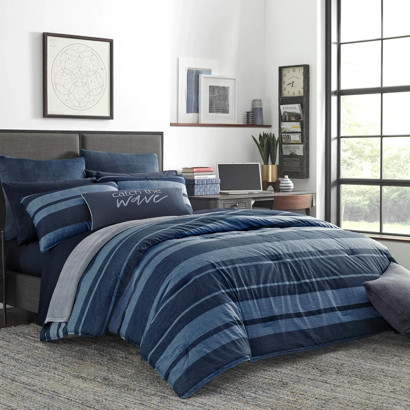 Nautica 100% Cotton Cozy & Soft, Durable & Breathable Striped Comforter Matching Shams, 3-Piece Bedding Set, Navy/Blue, King