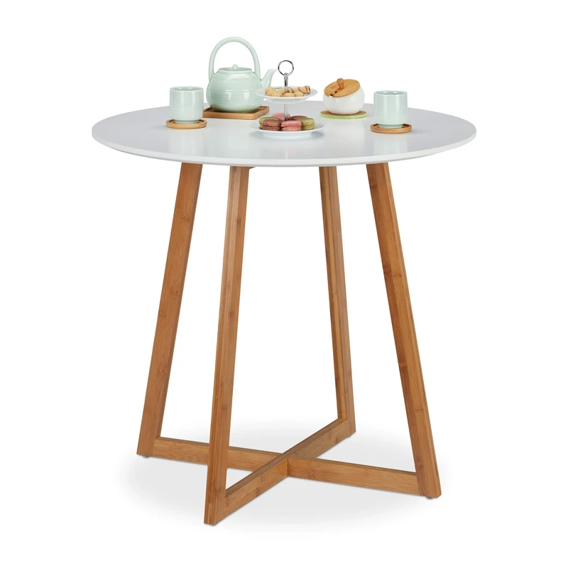 Relaxdays Dining Table Round, Nordic, Crossed Wood Legs, 2 Person, Bamboo & MDF, Kitchen Table, HxW 75x80 cm, White/Wood