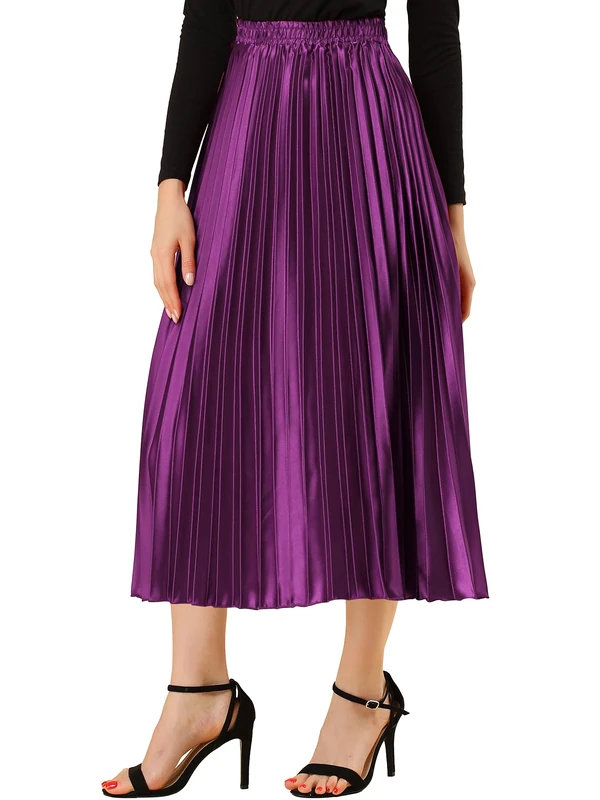 Allegra K Women's Elastic Waist Party Metallic Shiny Accordion Pleated Midi Skirt Purple L-16