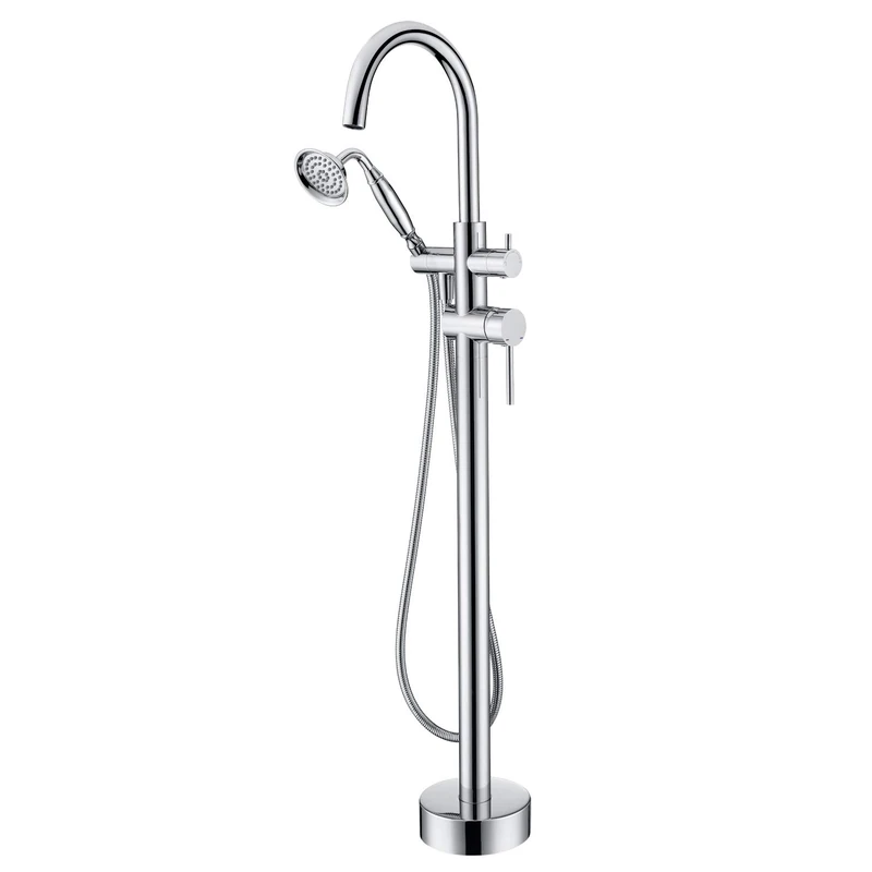 Wowkk Tub Filler Freestanding Bathtub Faucet Floor Mounted Brass Bathroom Tub Faucets with Hand Shower in (Chrome)