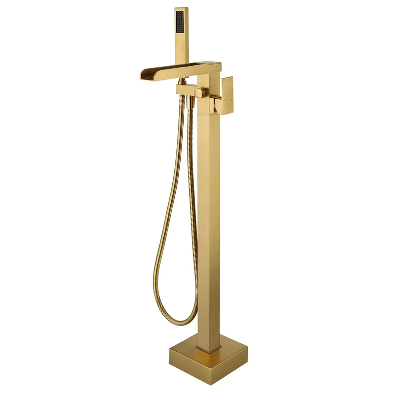 Wowkk Freestanding Bathtub Faucet Tub Filler Waterfall Single Handle Floor Mounted Faucets with Handheld Shower (Brushed Gold)
