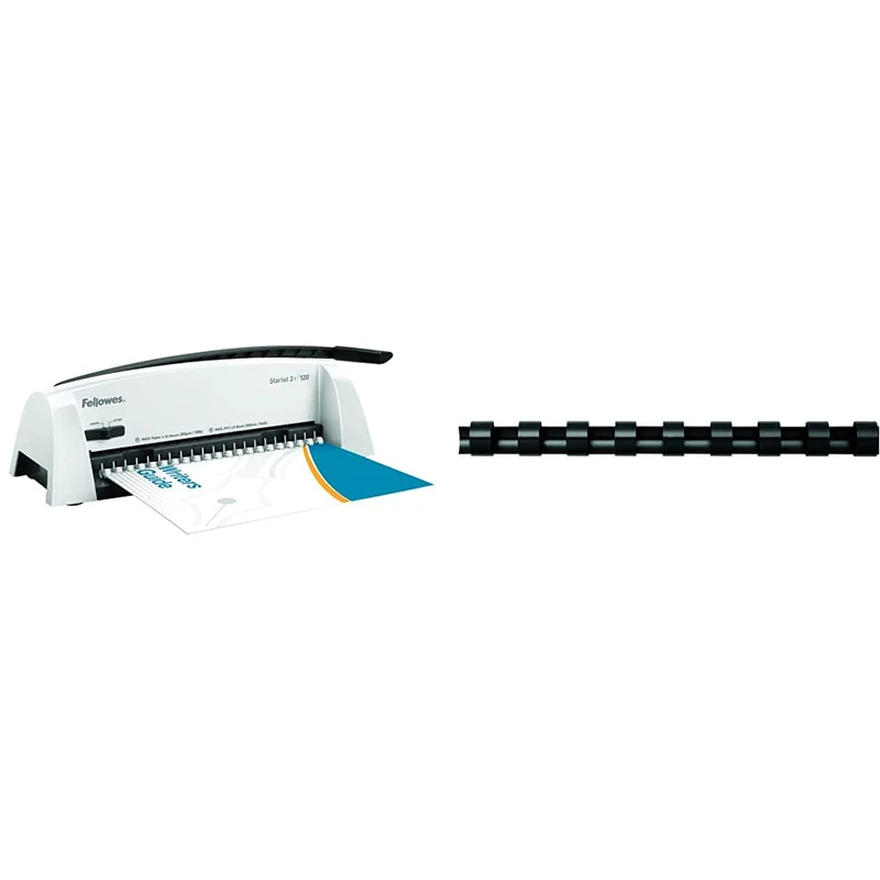 Fellowes Starlet 2+ A4 Manual Comb Binder, White/Grey, CRC52279 & A4 8 mm Plastic Binding Combs for Comb Binding Machine, Binds 21 to 40 Pages, Black, Pack of 100