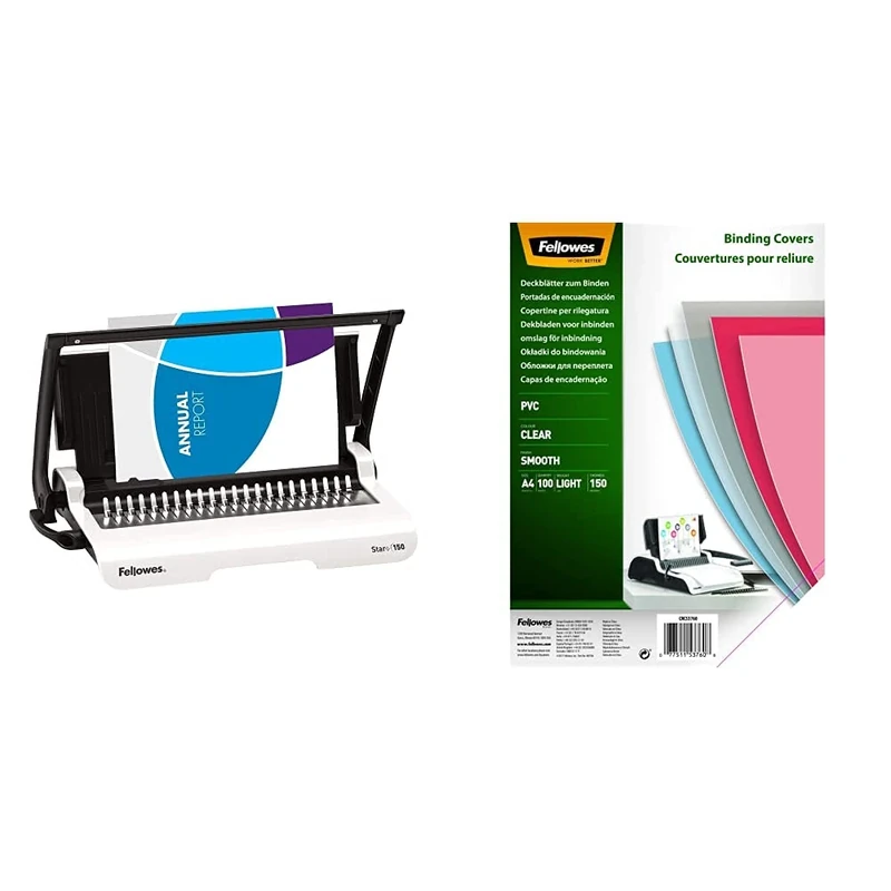 Fellowes Star A4 Manual Comb Binder, White & A4 Binding Covers, PVC 150 Micron, Clear, Pack of 100 - Image 1