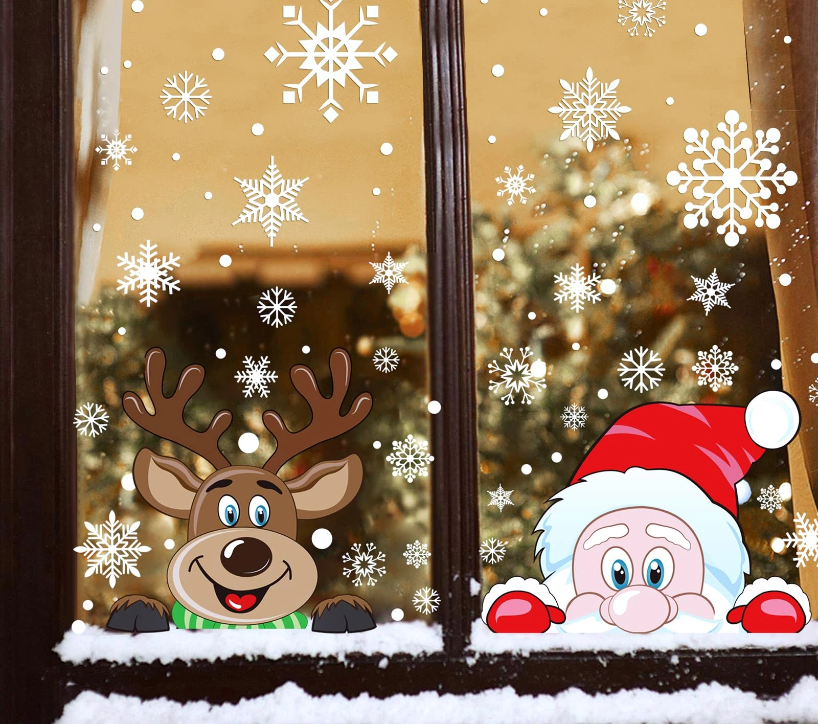 FINGOOO Christmas Window Stickers, 6 Sheets Peeping Santa and Rudolph Window Clings Snowflake Decal for Xmas Window Decoration