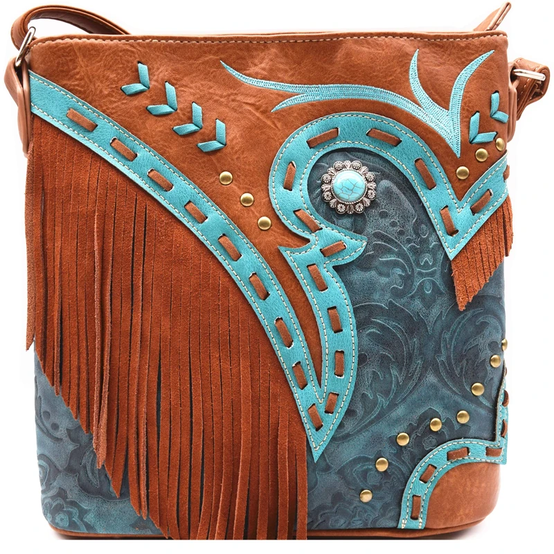 Western Cowgirl Fashion Style Leather Fringe Crossbody Handbags Women Purse Country Everyday Shoulder Bag, #2 Turquoise, One Size - Image 1